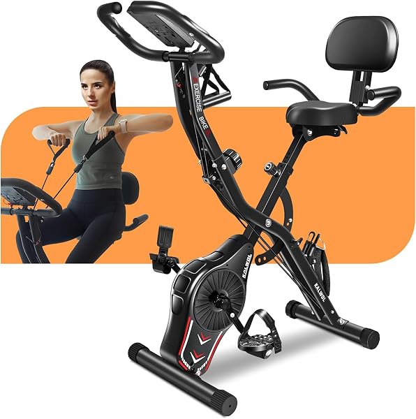 Bicicleta ergométrica dobrável, 5 em 1, com resistência magnética de 16 níveis, vertical para uso interno em casa, com faixa de resistência ao braço